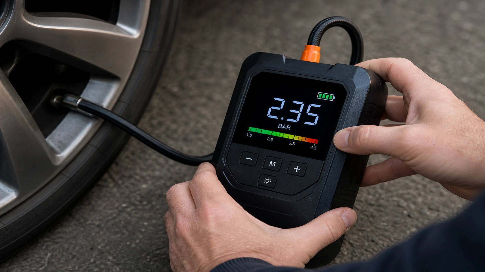 Portable tyre inflator digital display watched while pumping—auto-stop honesty UK