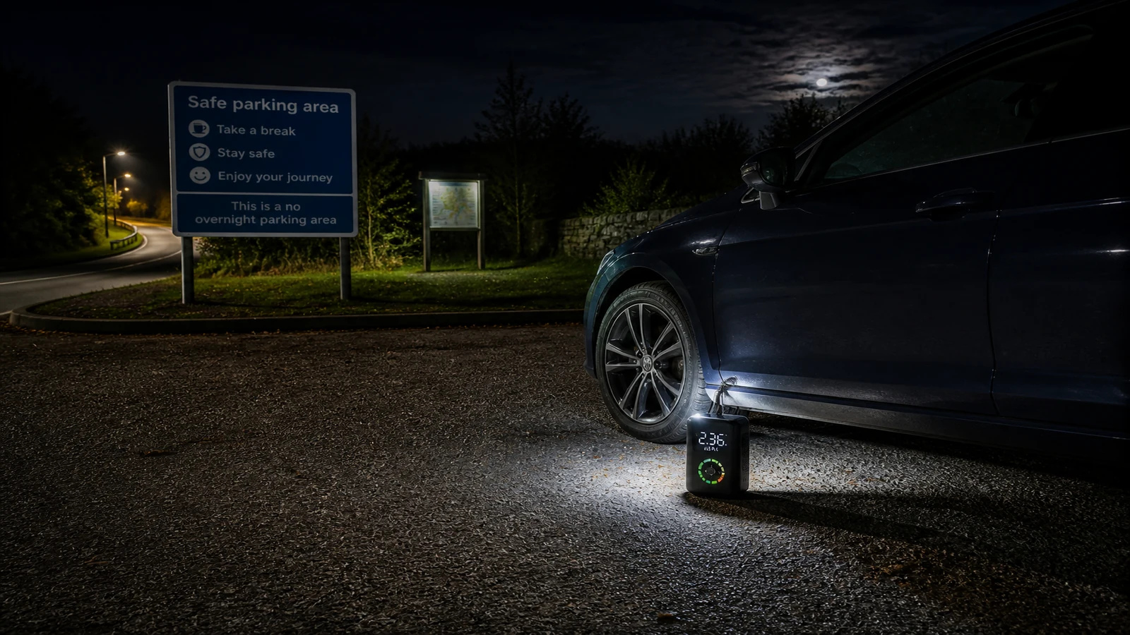 UK after-dark lay-by tyre inflator with built-in light and colour display