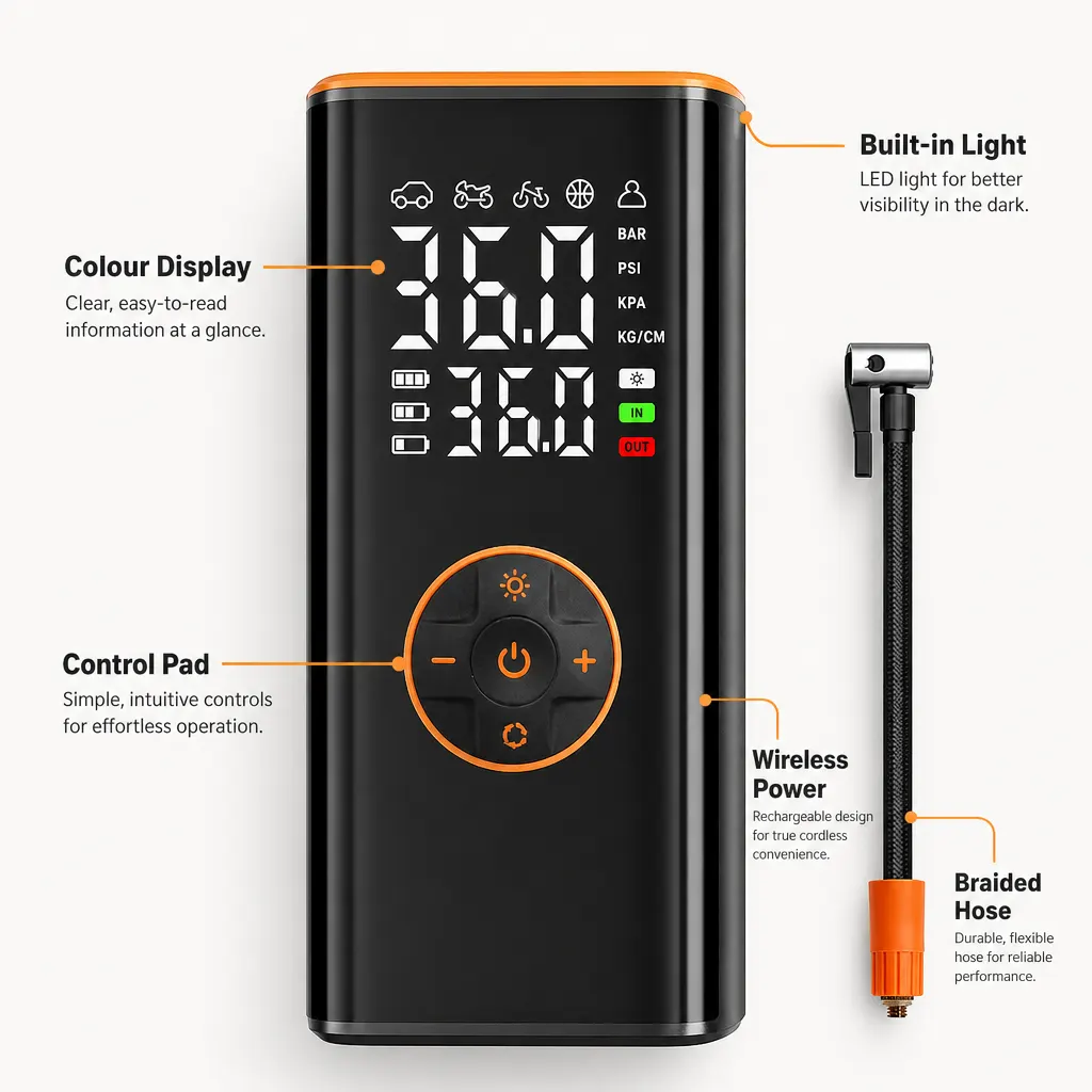Wireless Car Tyre Inflator With Colour Display controls and screen