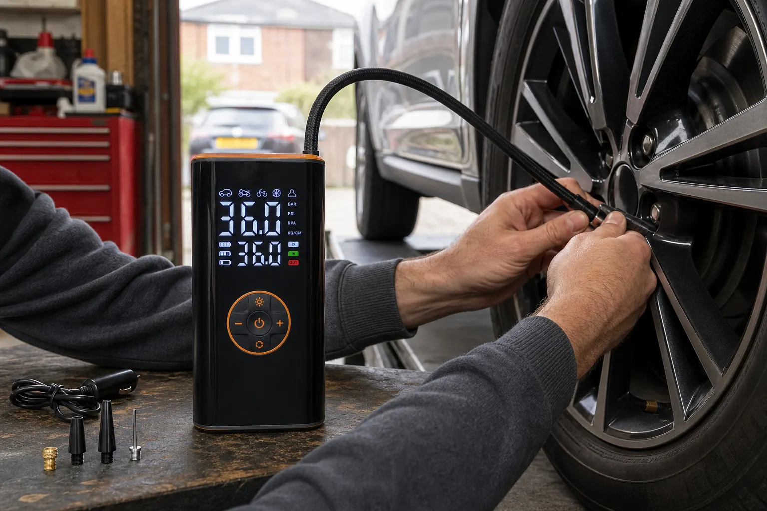 Wireless Car Tyre Inflator With Colour Display in use