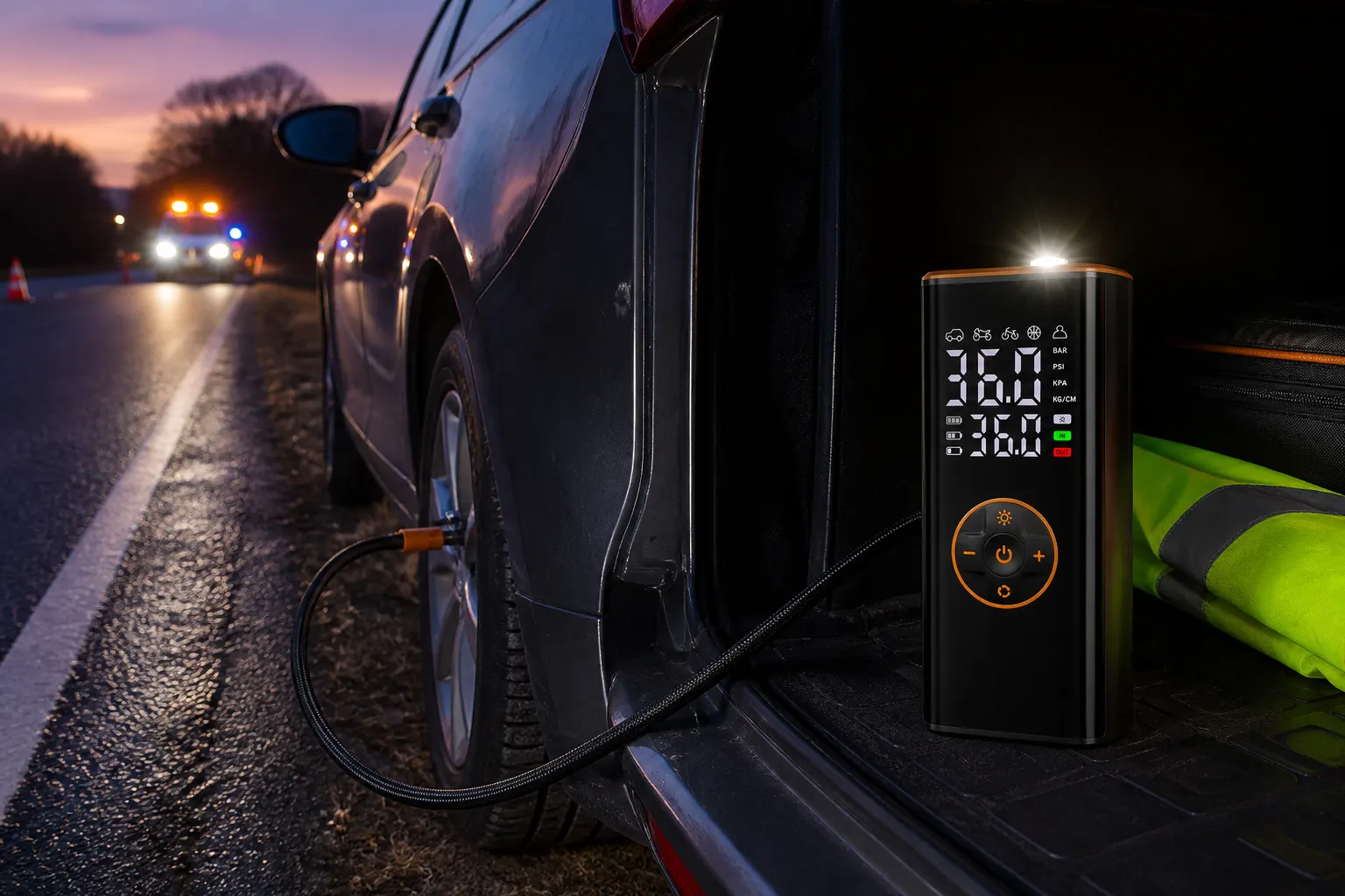 Wireless Car Tyre Inflator With Colour Display in use
