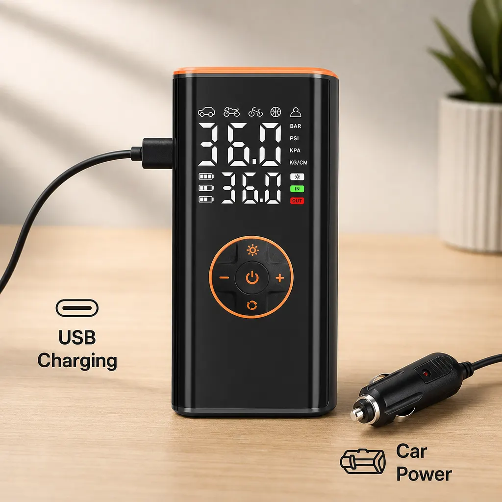 Wireless Car Tyre Inflator With Colour Display in use