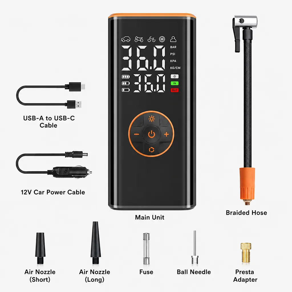 Wireless Car Tyre Inflator With Colour Display and included accessories