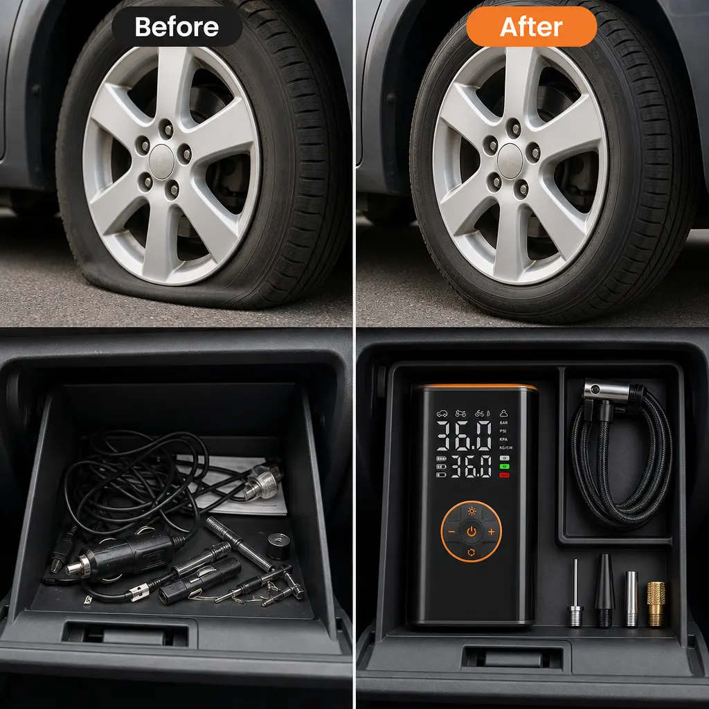Wireless Car Tyre Inflator With Colour Display setup and use views