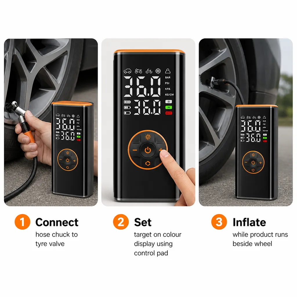 Wireless Car Tyre Inflator With Colour Display setup and use views